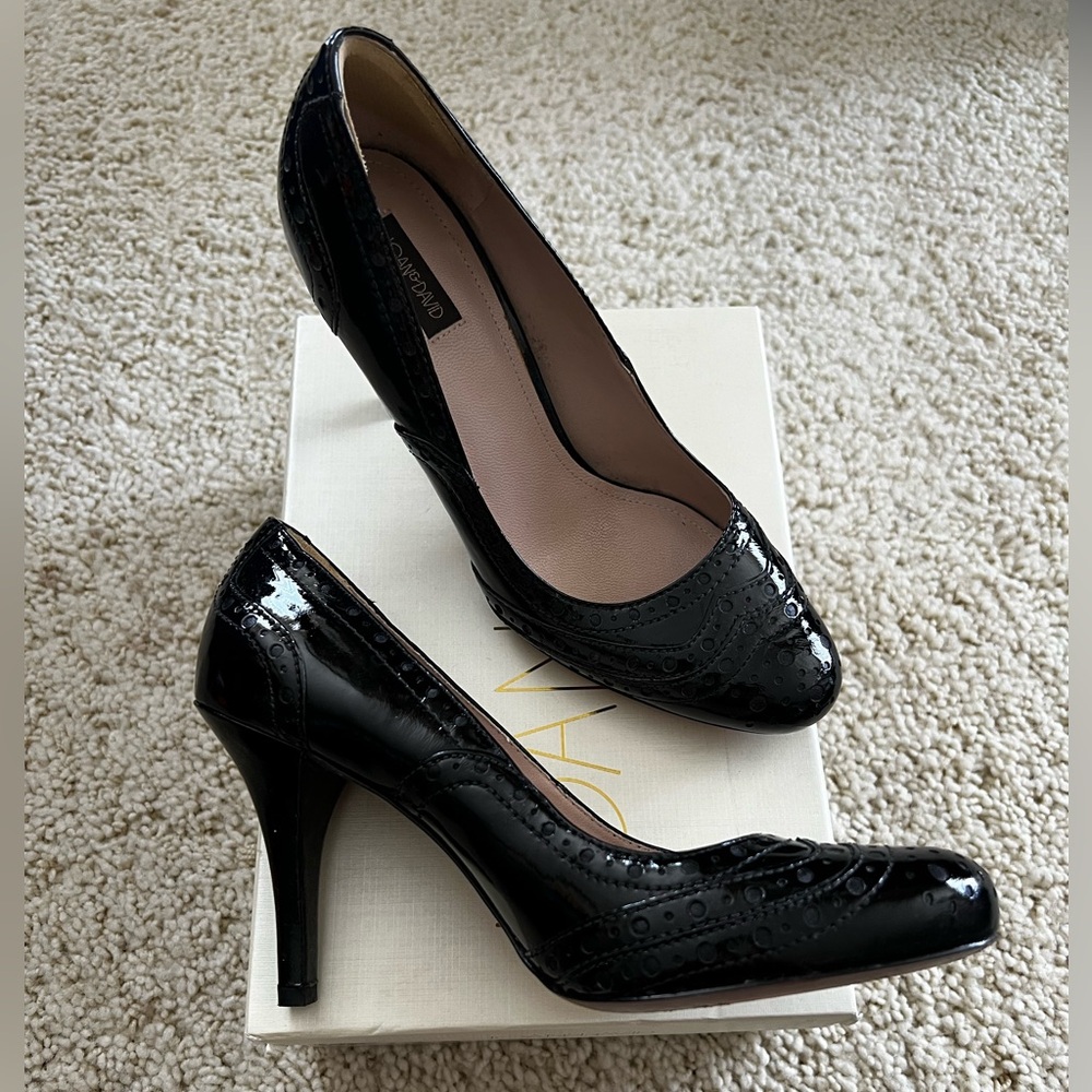 Joan & David Dagervais leather heels patent western pattern dots black stitch 7